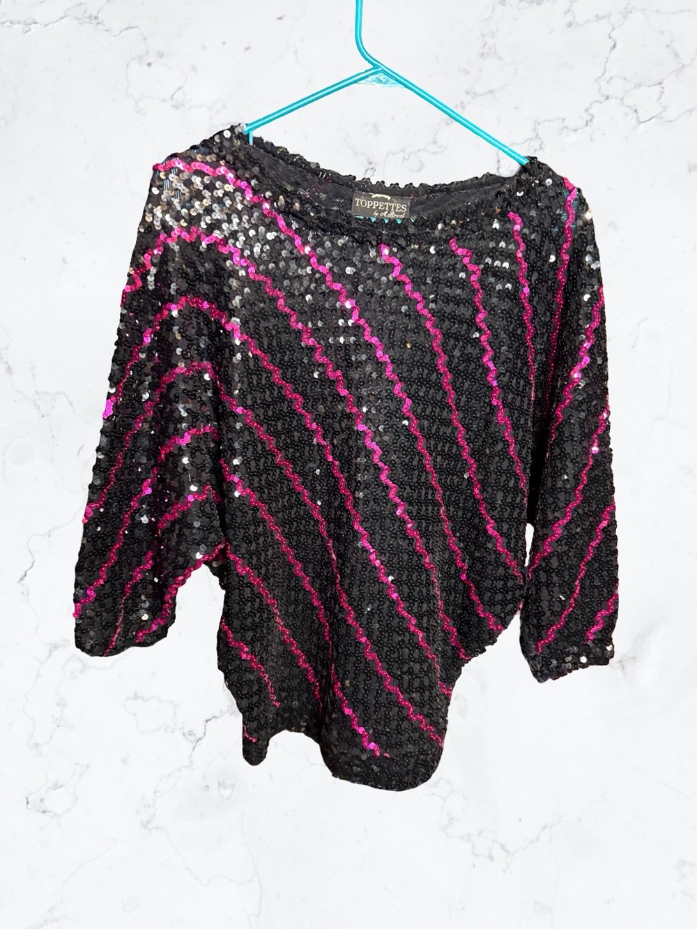 Vintage Toppettes Black Sequin Pullover with Hot Pink Stripes